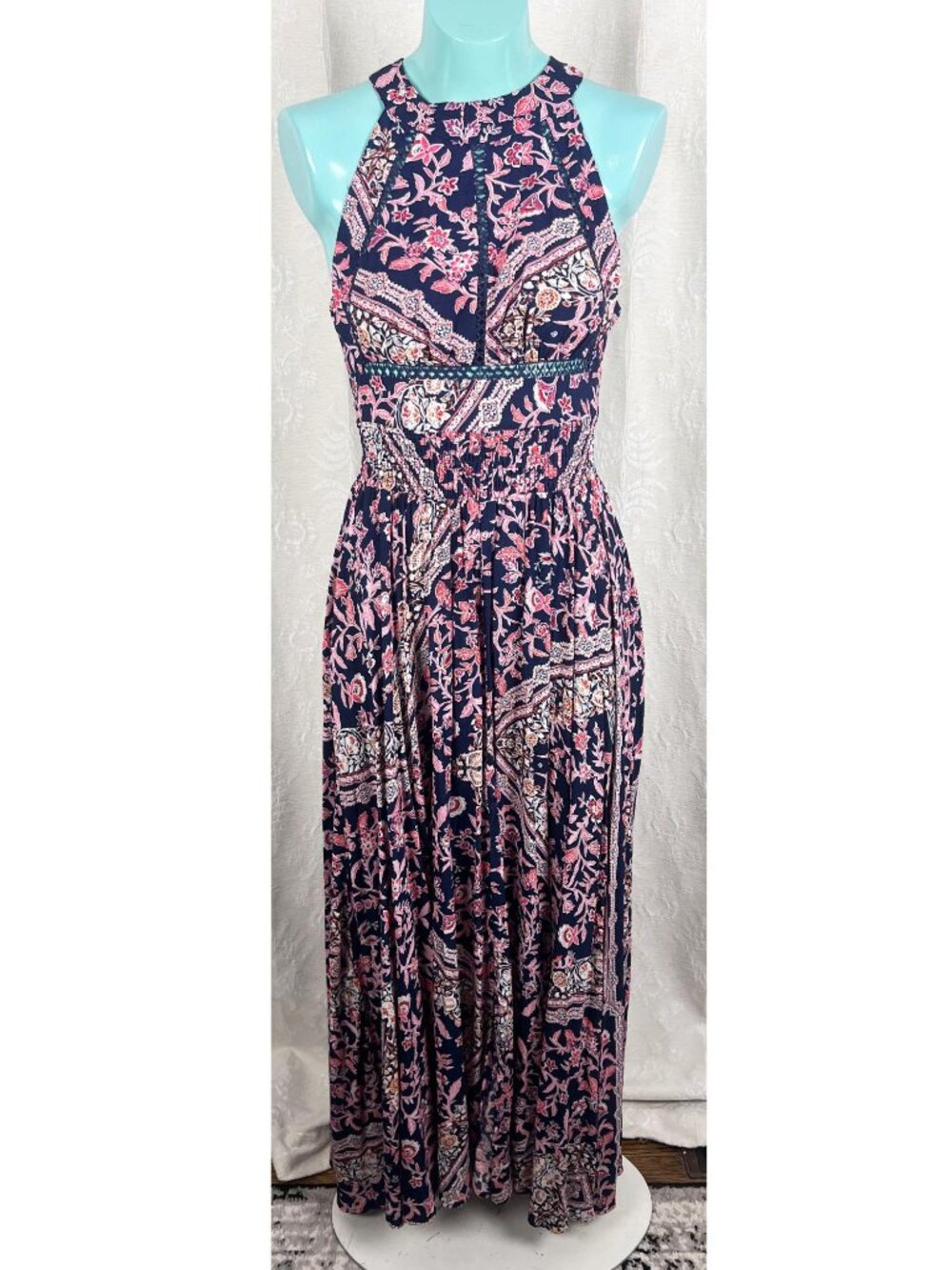 Anthropologie Abel the Label Vienna smocked maxi dress pink flora print boho